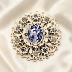 Blue White Enamel Rhinestone Cameo Brooch Austrian German attr Vintage Floral